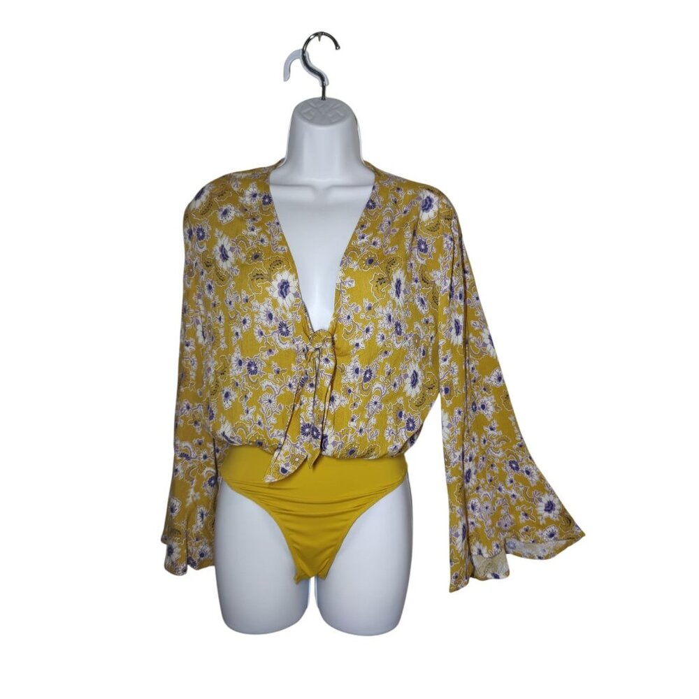 Hem & Thread Long‎ Sleeve Floral Mustard Yellow Blouse Bodysuit S NWT